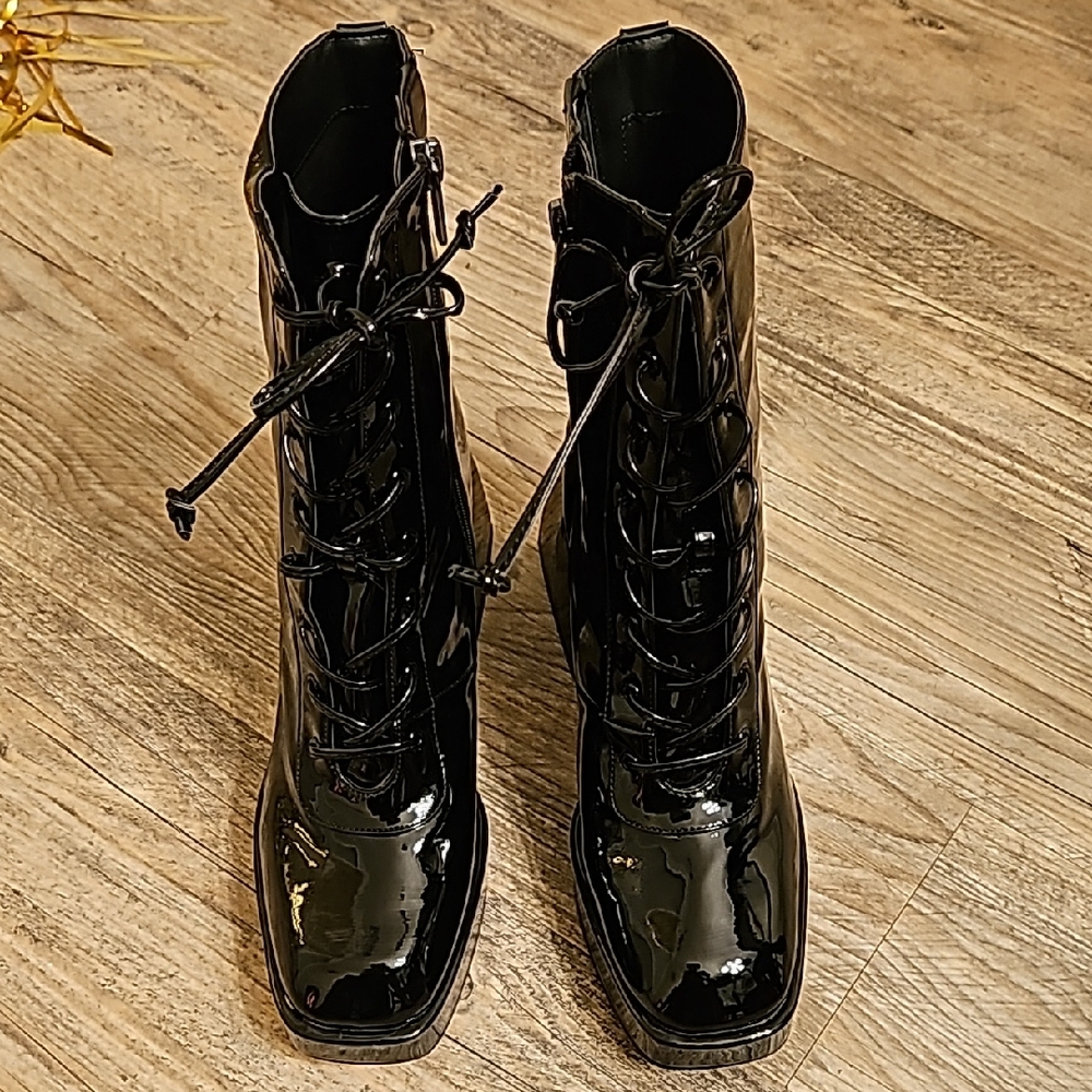 Glossy Black Lace-Up Women's Boots